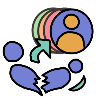 two purple figures splitting apart or fusing together. Arrow points from them to a purple circle with a person in it. Behind the circle are other circles with different colours, representing other system members.